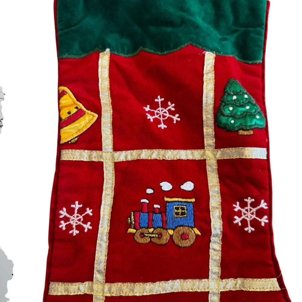 Decorative‎ Christmas Stocking Toys Tree Drum Snowflakes Gold Ribbon Red 18.5”
